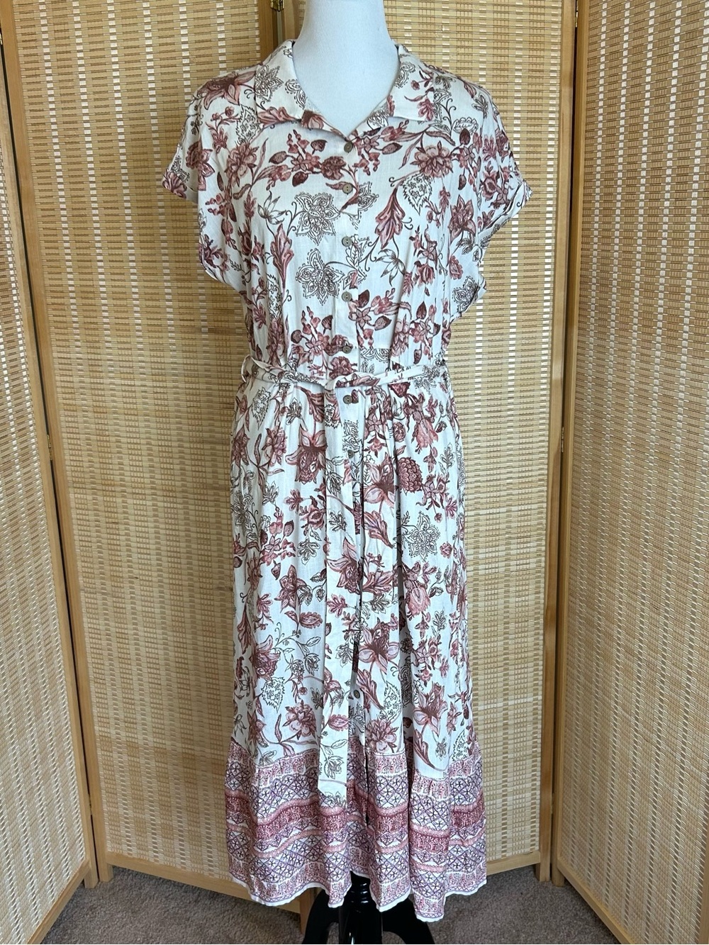 NWT Lucky Brand Floral Button-Front Midi Dress in Cream and Brown - Picture 1 of 10